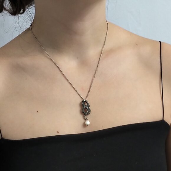 Beguiling Sterling Silver Snake Amulet Necklace w/ Marcasite & Freshwater Pearl - Picture 2 of 10